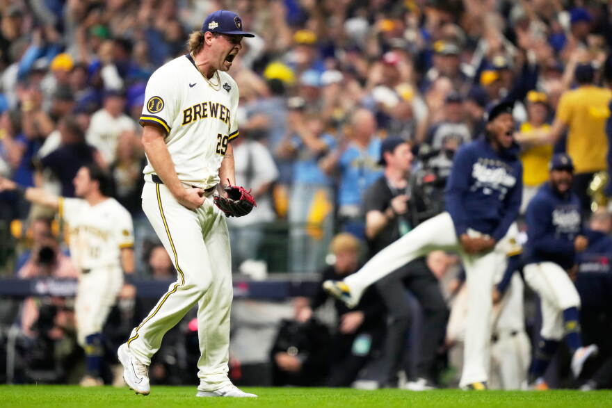 Milwaukee Brewers pitcher Trevor Megill celebrates their win in Game 1 of baseball's World Series, Friday, Oct. 23, 2026, in Milwaukee, between the Milwaukee Brewers and the Tampa Bay Rays.