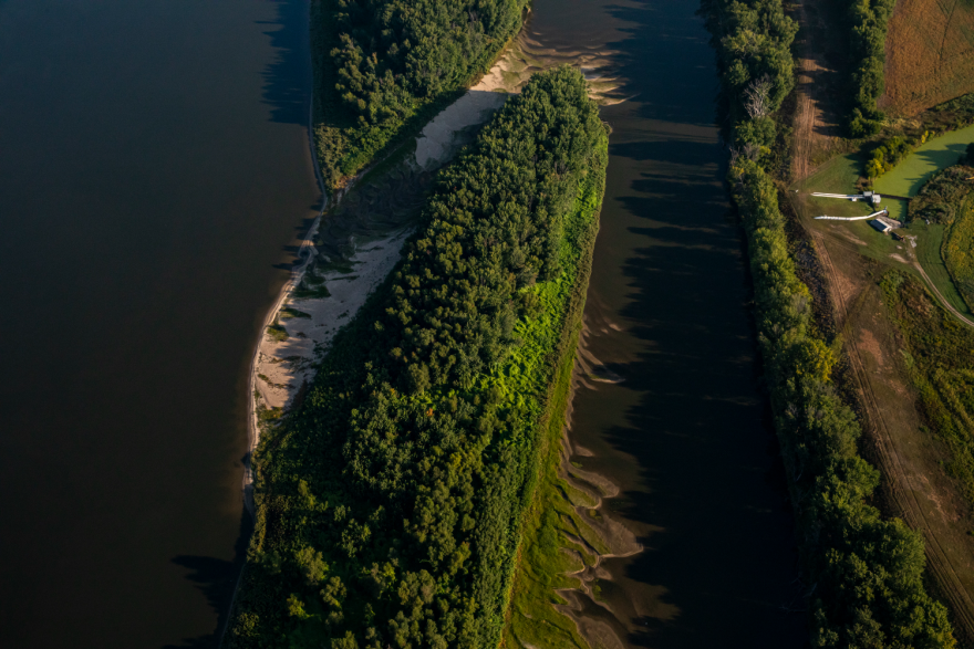 Low water in braided channels of the Mississippi River near the Quad Cities of Iowa and Illinois on Sept. 18, 2023.