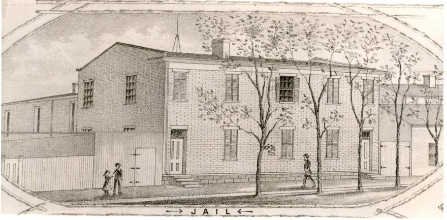 A historic black-and-white drawing of the Independence, Missouri, Jail, which was built in 1859 and now serves as a museum.