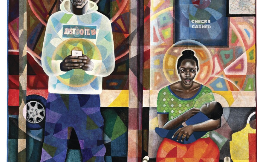 "Waiting" by Carl Joe Williams is painted on a twin mattress.