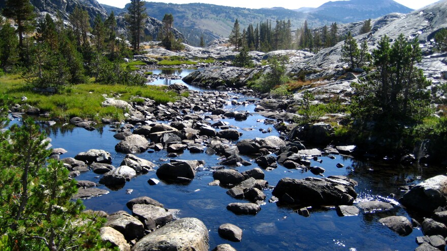 The headwaters of one of the largest forks of the San Joaquin River near Thousand Island Lake in the High Sierra.