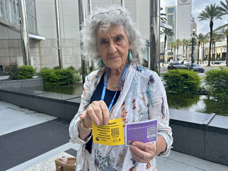 Court watcher Dale Ross stands outside One Canal Place in New Orleans on June 5, 2026. Ross has been observing proceedings at the New Orleans Immigration Court, located on the fifth floor inside the office tower, and said she's seen a surge in people appearing before immigration judges, often to confirm their current mailing address.