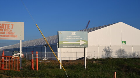 A sign directs drivers to the construction entrance for Google's Project Scissortail in Muskogee County. Google announced in late 2025 it was behind the new infrastructure.