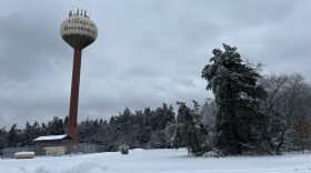 The village of Roscommon water tower on March 18, 2026, days after a major ice storm caused 90% of Roscommon County utility customers to lose power.