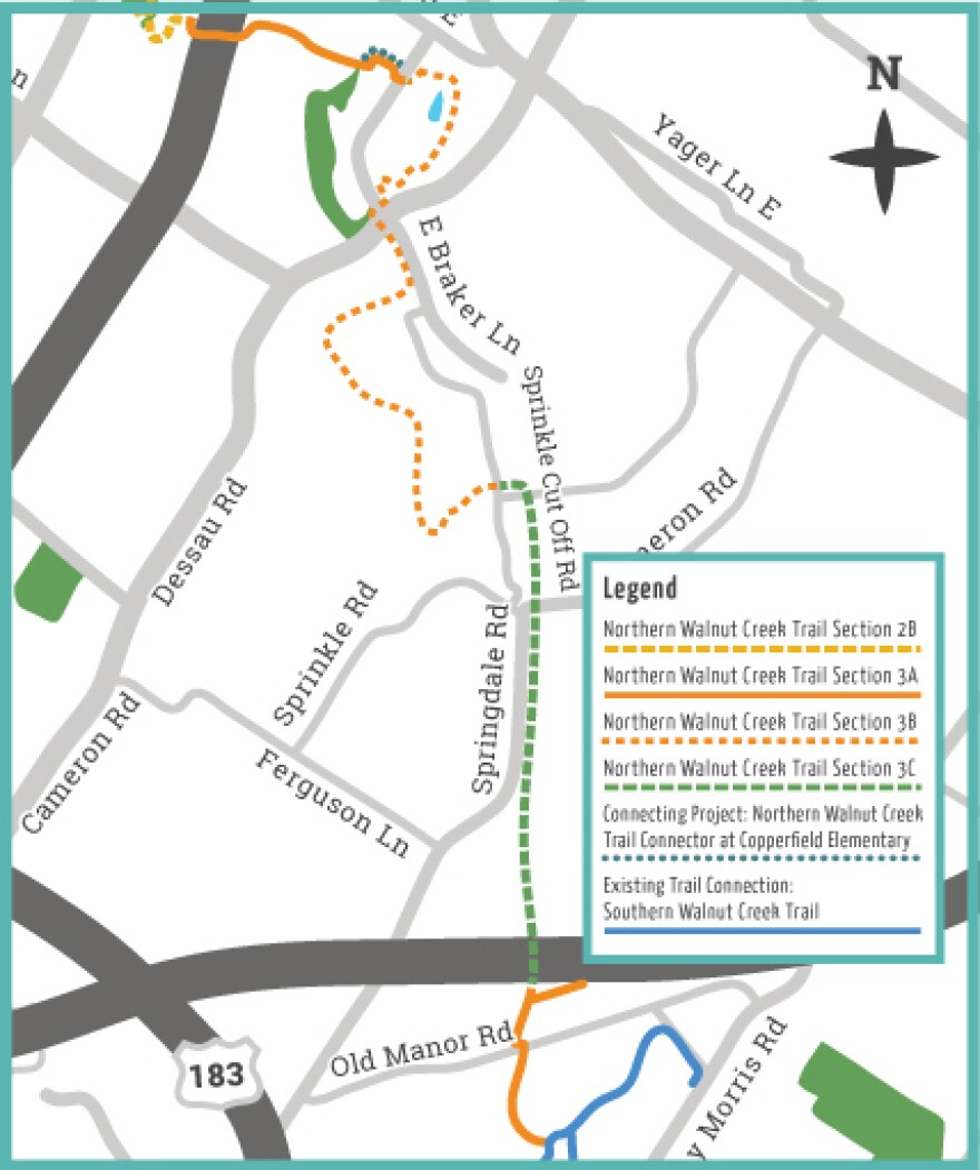 A map showing Northern Walnut Creek Trail Section 3 stretching from U.S. 290 East almost to I-35.
