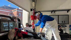 UNCW's Dr. Tiffany Keenan and Dr. Michael Tift unloading the male manatee for a necropsy at the Oriole Burevitch lab.