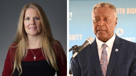 Two images side-by-side. One is of a blonde woman wearing a maroon and black dress. The other is a man wearing a blue suit with gray streaks in his hair.