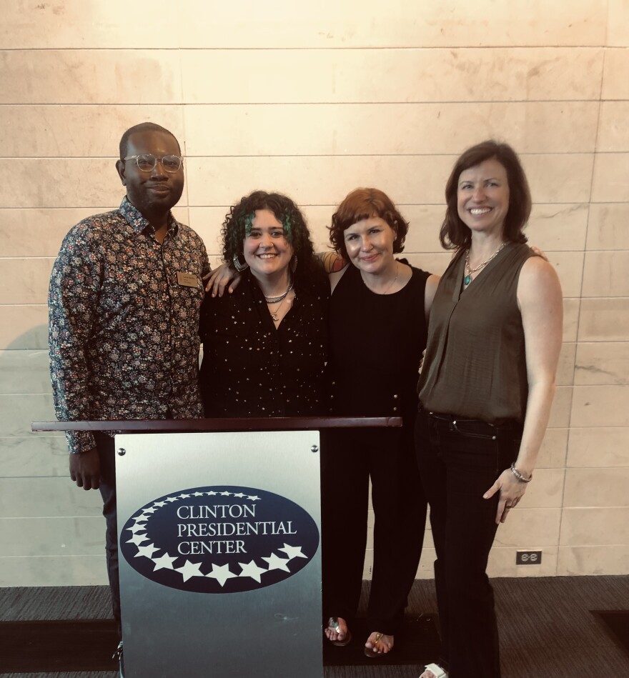 Members of the Cocoon Collective team pose with their 2024 “Agency of the Year” award from the Arkansas chapter of the National Association of Social Workers at the Clinton Presidential Center in Little Rock. Left to right: Lamar Medley, MSW; Han Latham, Program Assistant; Sadie Ragan, Executive Director; and Lara Cato, MSW.