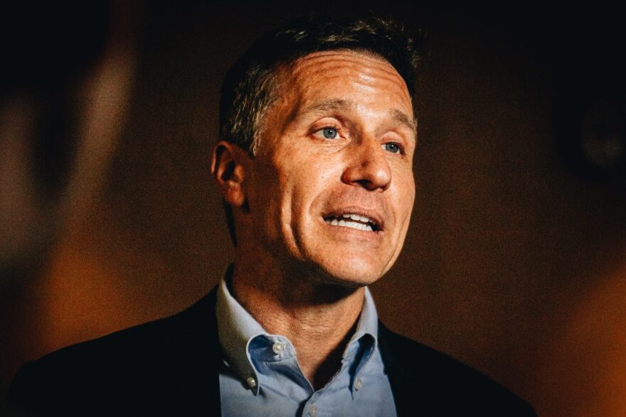 Eric Greitens addresses the media after filing to run in the Missouri Senate primary on Tuesday, Feb. 22, 2022 at the James C Kirkpatrick State Information Center in Jefferson City.