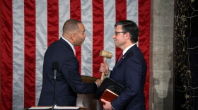 US House Minority Leader Hakeem Jeffries(L) hands newly elected House Speaker Mike Johnson the gavel at the US Capitol in Washington, DC, on October 25, 2023. Republicans finally rallied behind a new standard-bearer Wednesday as the US House of Representatives elected its 56th speaker -- ending weeks of party infighting that paralyzed Congress in a period of international and domestic crisis. Louisiana's Mike Johnson, a staunch ally of Donald Trump and who spearheaded legal efforts to overturn the 2020 election, won unanimous support from his party to lead the lower chamber of Congress and draw a line under the chaos. 