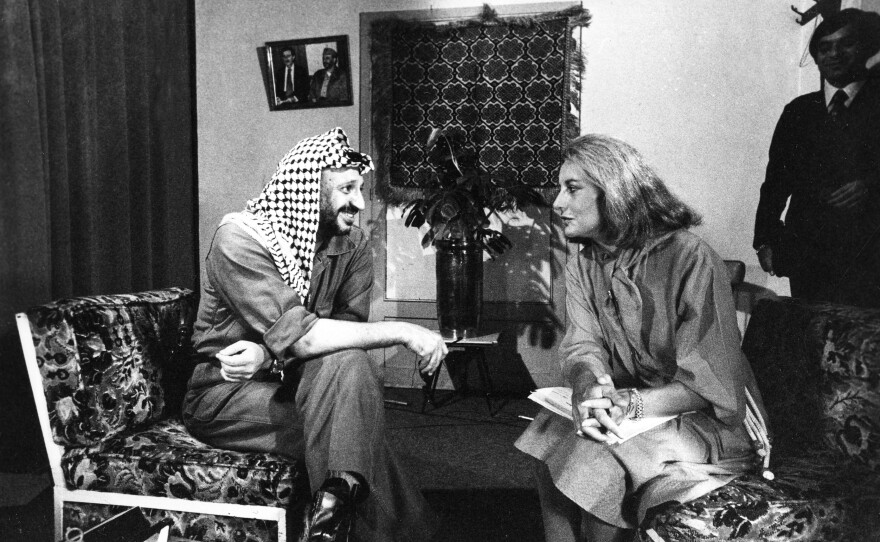 American television newscaster Barbara Walters interviews Yasser Arafat, chairman of the Palestine Liberation Organization, in Beirut, Lebanon, on September 22, 1977. (AP Photo/Harry Koundakjian)
