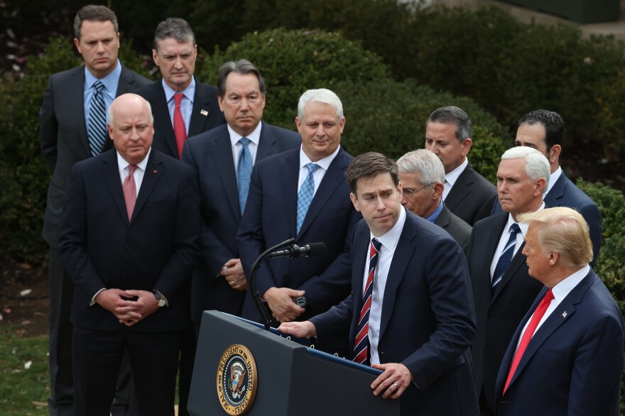 Roche Diagnostics Corp. President and CEO Matthew Sause speaks at the March 13 news conference. Roche and Thermo Fisher Scientific said they distributed millions of tests to labs, but that didn't increase testing because the U.S. lags behind in sample collection kits.