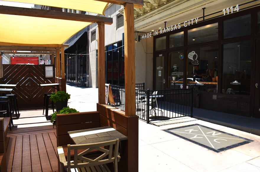 Outdoor dining space in front of Made in KC Café in downtown Kansas City. The business was among the first to transition outdoor street space to dining during the pandemic.