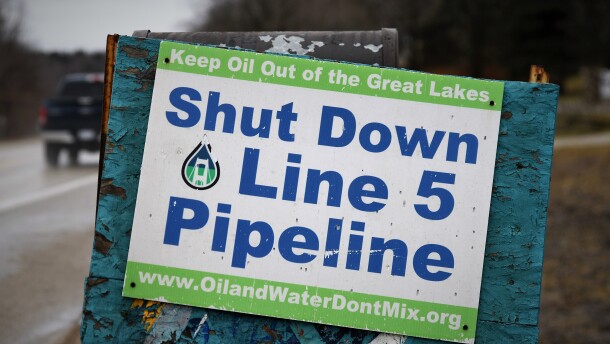 One of the many signs opposing Line 5 seen along roads in Leelanau County, Michigan.