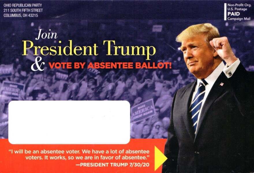 A flyer from the Ohio Republican Party urges voters to consider early mail-in voting and request their absentee ballots, though President Trump has denounced voting by mail as "terrible" and "corrupt". Trump voted absentee by mail in the Florida primary.