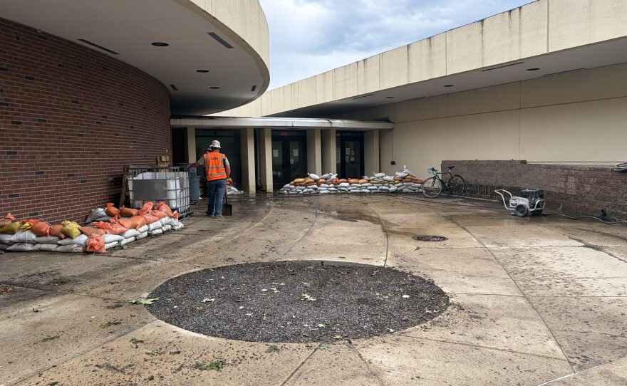 Crews have placed sandbags outside the Center for the Visual Arts on ISU's campus.