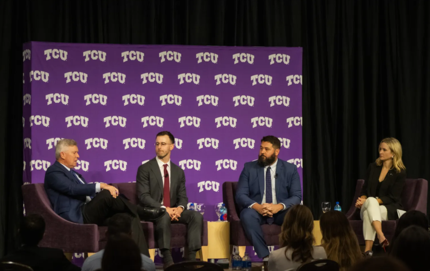 From left to right: Dr. Stuart D. Flynn, Cameron Combs, Dr. David Nelson and Mayor Mattie Parker sit on a panel at the launch event of the North Texas Maternal Health Accelerator on Nov. 17, 2025.