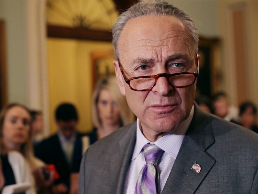Senate Minority Leader Charles Schumer, D-N.Y., talks to reporters following the weekly Senate Democratic policy luncheon at the U.S. Capitol May 22, 2018.