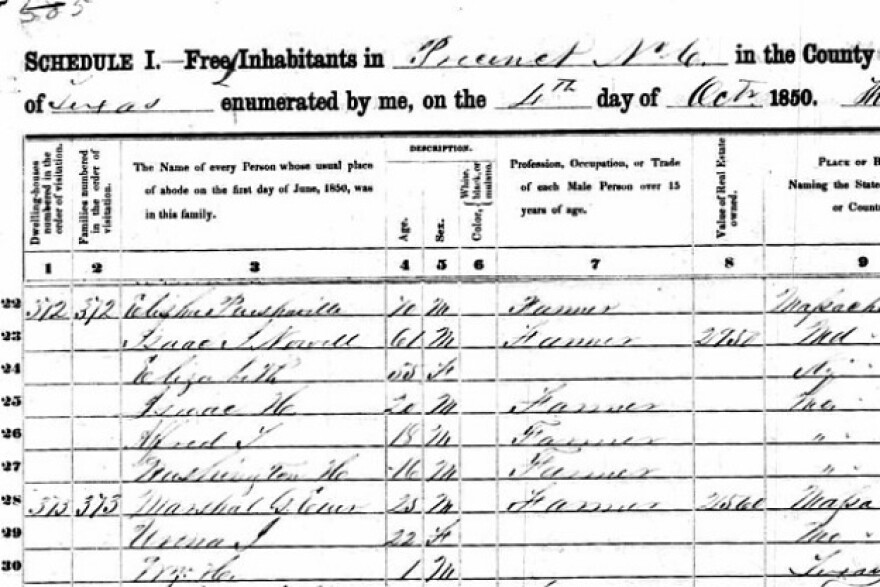 A partial, handwritten U.S. Federal Census document from 1850 for Precinct No. 4 in Texas. The form is titled "SCHEDULE I. Free Inhabitants" and contains columns for dwelling/family number, name, age, sex, color, profession, value of real estate, and place of birth. Several entries are visible, listing individuals mostly recorded as farmers