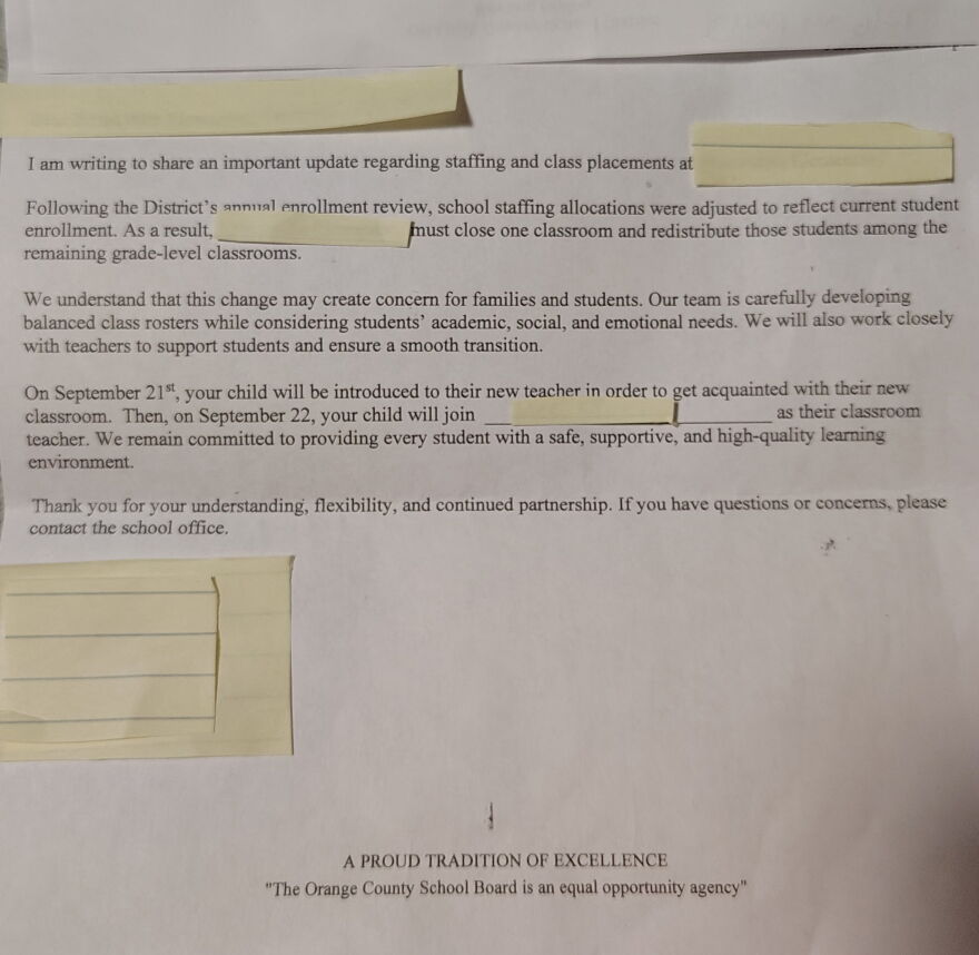 Sara Kristen Schulte provided a copy of the letter she received from the principal at her daughter’s elementary school, sharing an updating regarding staffing and class placements. Schulte blocked out identifying information to protect her daughter and the teacher involved.