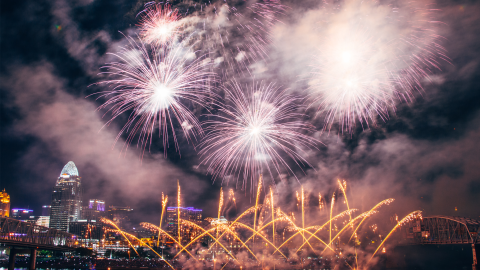 fireworks at night over the Ohio River with Cincinnati skyline in background