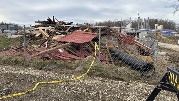 A pile of rubble stands where the historic Naragon Barn had stood for over 100 years on the land that became Potato Creek State Park in the early 1970s. Just a week earlier, the Indiana Department of Natural Resources had told WVPE they had no timeline for the demolition. The agency did not inform community members who had been trying to save the barn that they were carrying out the demolition this past weekend.