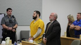 Kirby Calderwood (center left) and his attorney Mike Moberly (center right) listen to proceedings in Calderwood's sentencing for the 2019 murder of Anesha "Duffy" Murnane on Wednesday, July 1, 2026 in Homer, Alaska.
