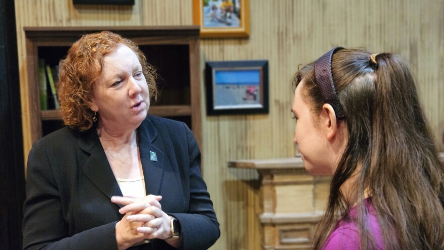 MCCC President Deborah Preston (l) appears as a regular customer in the upcoming production of Parfumerie at Kelsey Theatre.