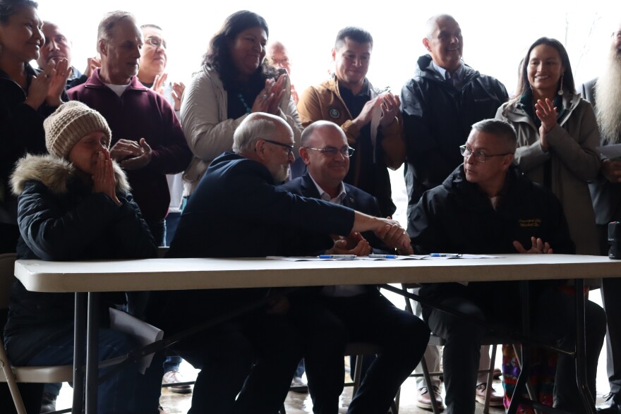 (Left to right) Co-chairs of the board of directors of the Noquisi Initiative Juanita Wilson, Bob McCollum ; Franklin Mayor Stacey Guffey ; Eastern Band of Cherokee Indians Principal Chief Michell Hicks just after signing the deed transfer to the Noquisiyi Mound on February 26, 2026.
