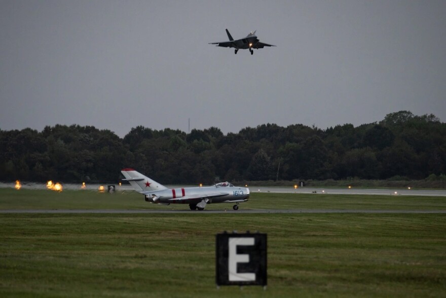 U.S. Air Force Maj. Paul Lopez, F-22 Demo Team commander, comes in for a landing after performing a twilight demonstration during the Thunder over Dover air show in Dover, Del., Sep 14, 2019.