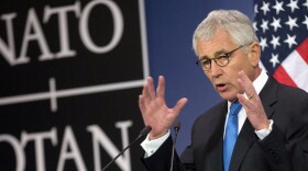 Chuck Hagel, then U.S. defense secretary, speaks during a media conference at NATO headquarters in Brussels in 2015.