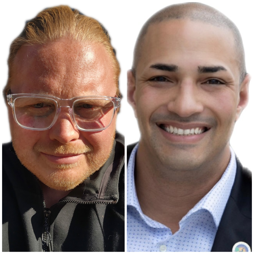 Photo collage of Ryan Kost (left) and Brian Daniels (right). Kost has red hair and white skin. He has a slight closed lip smile in the image. Kost s wearing clear glasses and a black zip up. Brian Daniels has light brown skin and is bald. He's smiling wide in the image. He can be seen wearing a black suit jacket with a light blue with polka dots collared shirt underneath. 