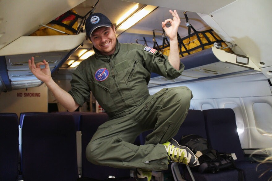 Dr. Justin Lawley, instructor in internal medicine at University of Texas Southwestern, floating in zero gravity.