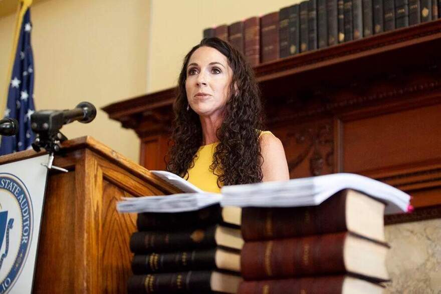 Auditor Diana DiZoglio speaks to reporters on July 26, 2023. (Chris Lisinski/SHNS)