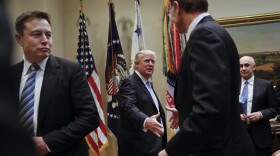 President Trump greets Wendell P. Weeks, right, chief executive officer of Corning, as he hosts breakfast with business leaders in the Roosevelt Room of the White House in Washington, Monday, Jan. 23, 2017. On the left is Elon Musk, CEO of SpaceX and Tesla Motors. (Pablo Martinez Monsivais/AP)