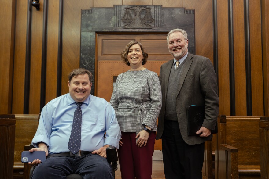 From left: Judges Jason Sengheiser, Heather Hays and Presiding Judge Christopher McGraugh at the Mel Carnahan Courthouse on Wednesday, December 10, 2025, in downtown St. Louis.