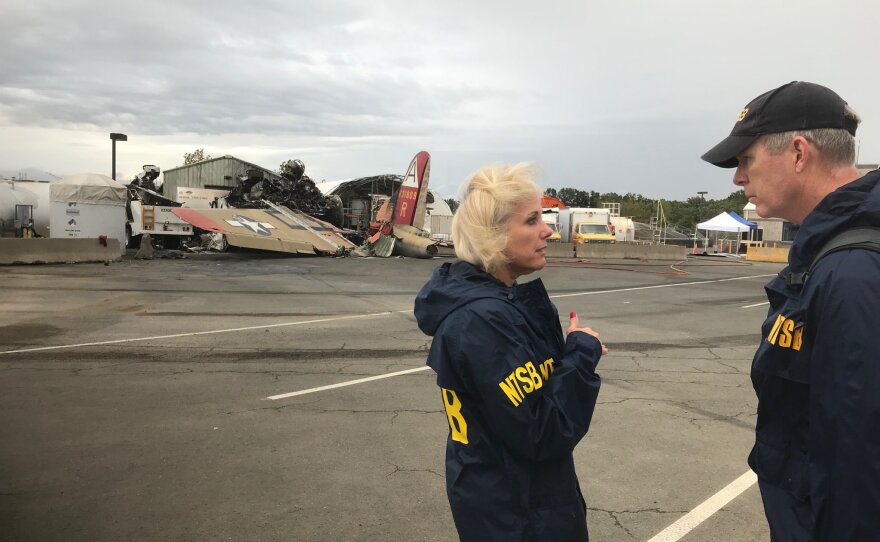 Jennifer Homendy of the NTSB and investigator Dan Bower at the scene Wednesday of the plane crash at Bradley International Airport in Connecticut.