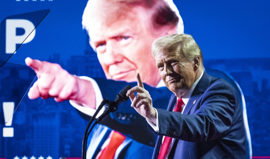 Donald Trump stands in front of a big picture of himself. 