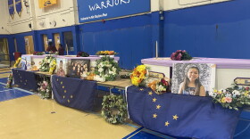 The three coffins in the Bethel Regional High School gym on Aug. 24, 2022