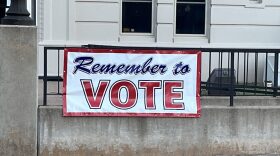 A “Remember to Vote” sign hangs outside the Noble County Courthouse on June 15, 2024, in Perry.