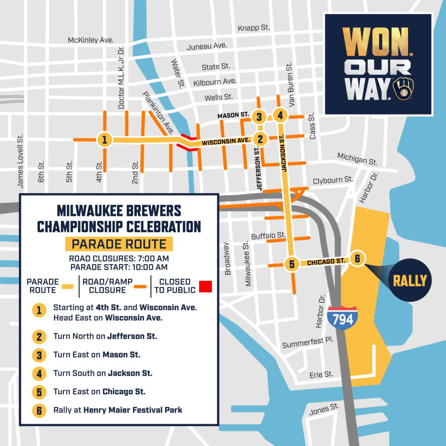 The World Series champion parade route for Friday, Oct. 30 will wind through downtown Milwaukee, making an extra detour to pass the Bob Uecker memorial mural at the intersection of Jackson and Mason Streets.