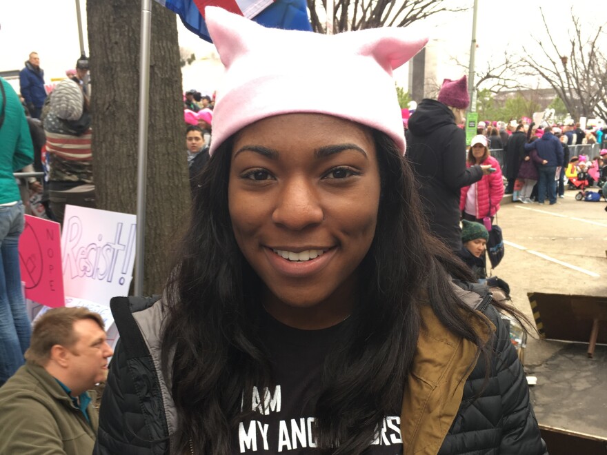 Arion Laws, 18, of Charleston, S.C., is a student at George Washington University. She says she attended the Women's March to send a message to President Donald Trump that his rhetoric is offensive.