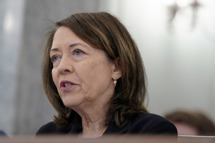 Sen. Maria Cantwell, D-Wash., questions Michael Whitaker, of Vermont, during his nomination hearing to be Administrator of the Federal Aviation Administration, Department of Transportation, on Capitol Hill Wednesday, Oct. 4, 2023, in Washington. 