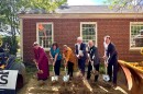 From left to right, Bishop Rob Hirschfeld, Haven Executive Director Kathy Beebe, Executive Director of the Black Heritage Trail of New Hampshire JerriAnne Boggis, Portsmouth Housing Authority Executive Director Craig Welch, the Rev. Steve Falci and Portsmouth Mayor Deaglan McEachern break ground on the redevelopment of Langdon Farm.