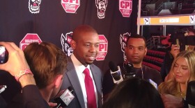 New N.C. State coach Justin Gainey answers questions following his introduction as the next men's basketball coach April 1, 2026, in Raleigh, N.C.