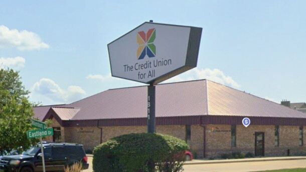 The exterior of a bank. specifically, Credit Union For All's location on Eastland Drive in Bloomington.
