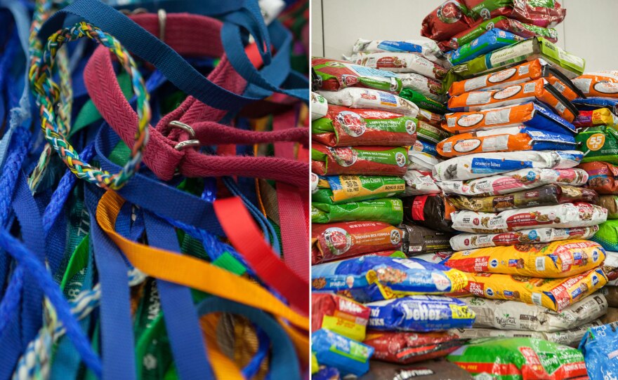 (Left) Donated dog leashes and collars are available. (Right) More than 10,000 pounds of pet food have been distributed to the animals.