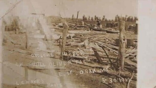 Cyclone wreck, Will Oliver Farm east of Oran, Scott County, Missouri. May 30, 1917. GenDisasters.
