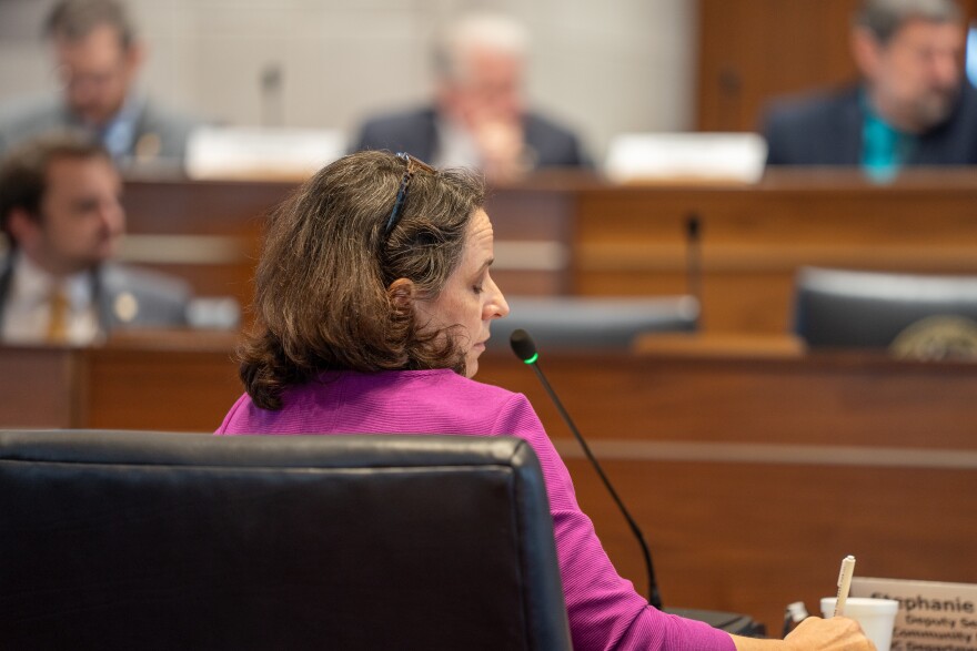Stephanie McGarrah answers questions from state lawmakers during a hurricane recovery hearing on April 2, 2026.
