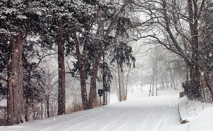 Blizzard hits Lawrence. This photo depicts the road leading away from the KPR studios. (Photo by J. Schafer) 